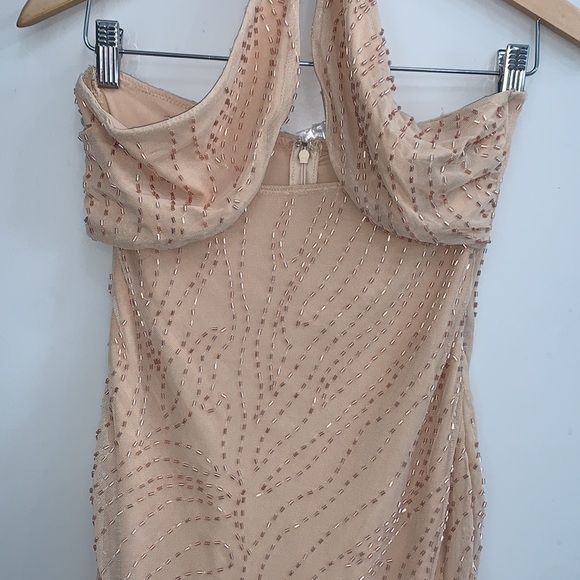 Oh Polly TOULOUSE Embellished Twist Neck Mini Dress in Sand - Picture 6 of 9